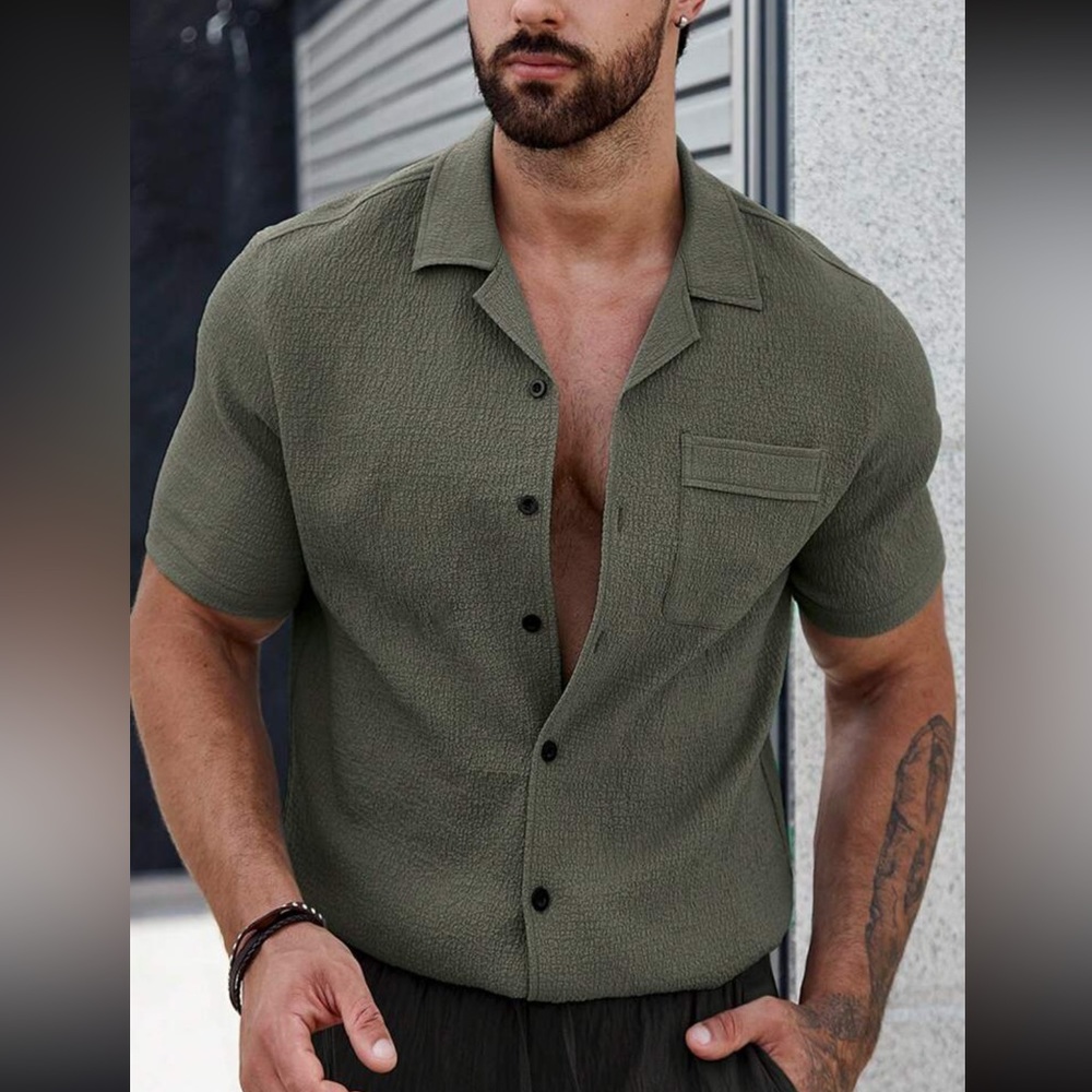 Homme Men Solid Button Up Pocket Patched Shirt